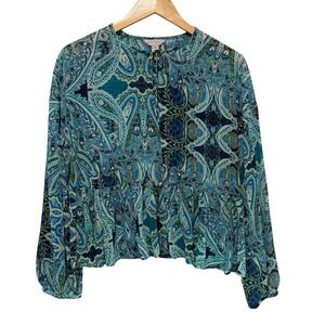 Belle Sky Women Boho Peplum Top XS Blue Teal Paisley Tie Neck Sheer Whimsy NEW